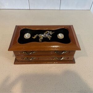 LVintage Wood Powell Jewelry Box Velvet Top Crystal Unicorn